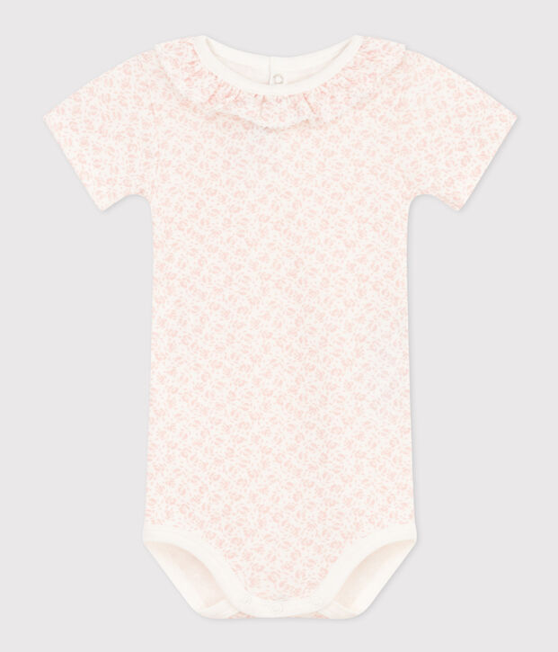 Babies' Short-Sleeved Cotton Bodysuit With Ruffle Collar white/pink