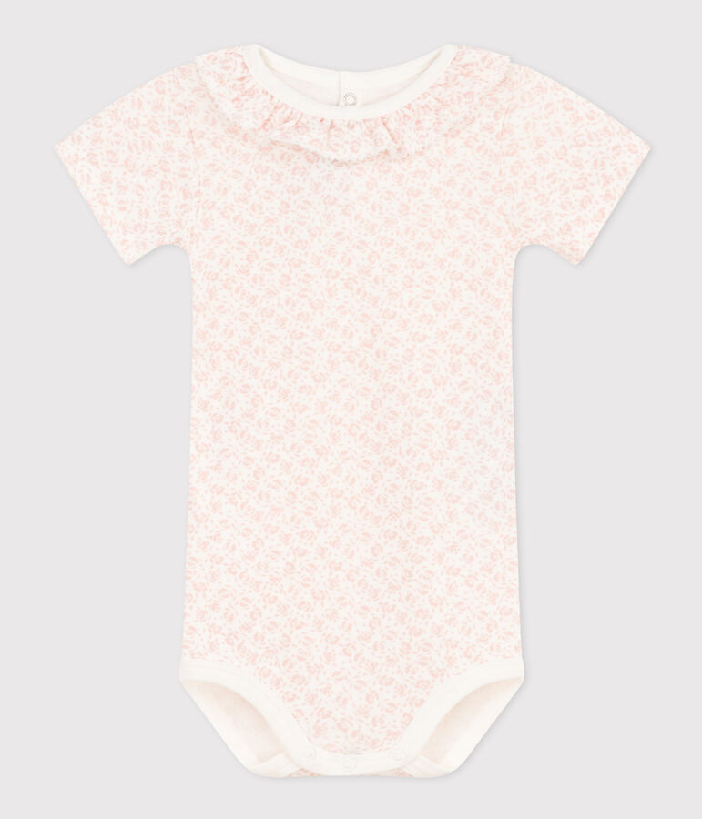 Babies' Short-Sleeved Cotton Bodysuit With Ruffle Collar white/pink
