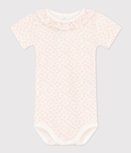 Babies' Short-Sleeved Cotton Bodysuit With Ruffle Collar MARSHMALLOW /PANTY