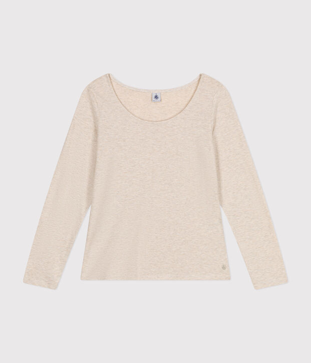 Women's Straight long-sleeved scoop neck T-shirt in slub jersey beige