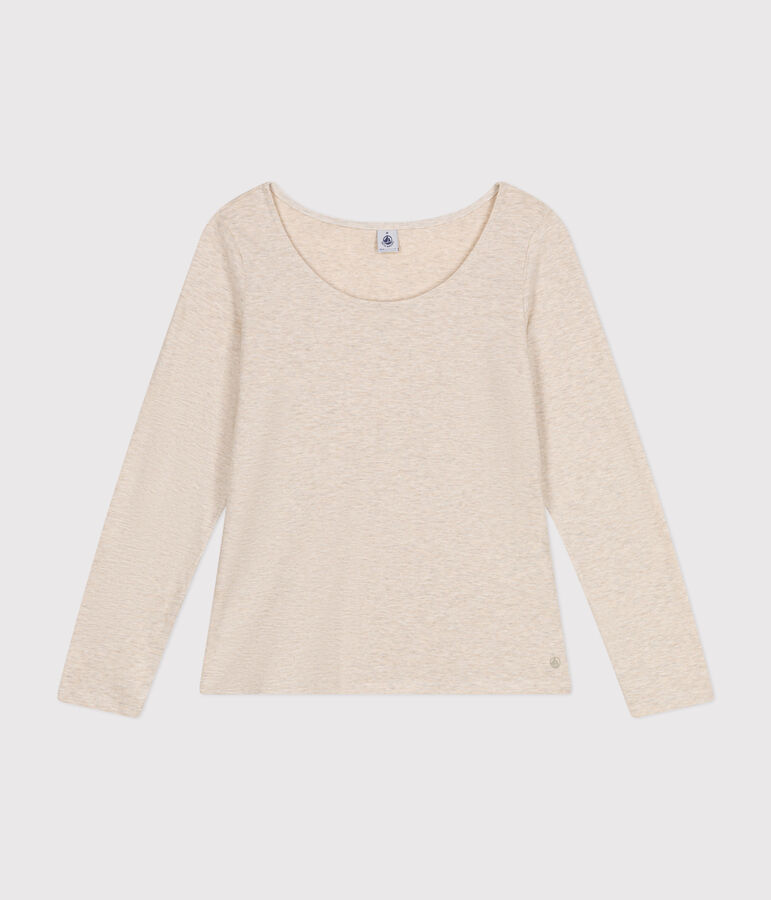 Women's Straight long-sleeved scoop neck T-shirt in slub jersey MONTELIMAR CHINE beige