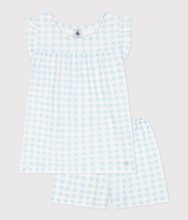 Girls' Fine Cotton Gingham Short Pyjamas white/blue