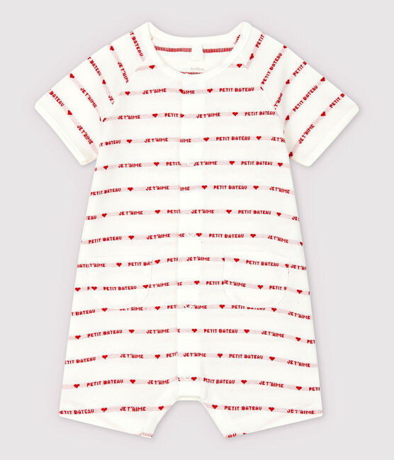 Petit Bateau Organic Cotton Playsuit With Woven "Je t'aime" MARSHMALLOW white/PEPS red