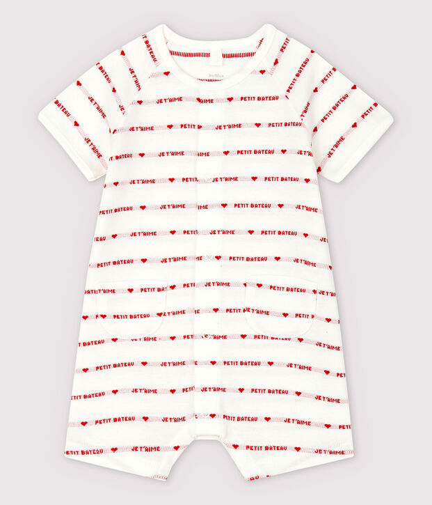 Petit Bateau Organic Cotton Playsuit With Woven Je t'aime white/red