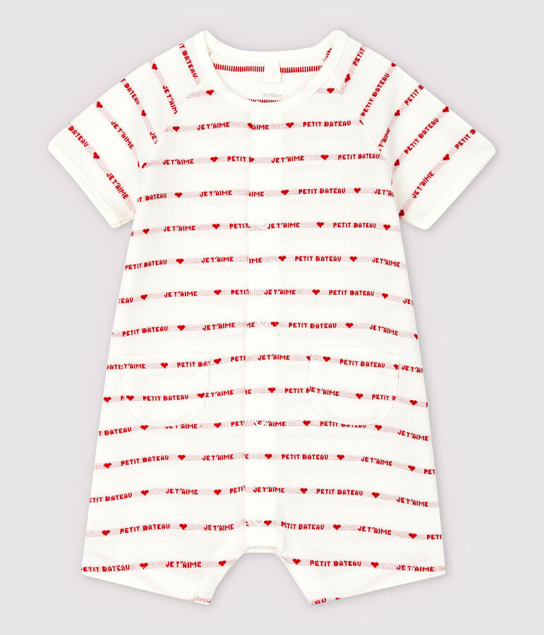 Petit Bateau Organic Cotton Playsuit With Woven Je t'aime MARSHMALLOW white/PEPS red