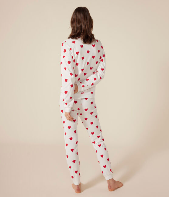 Women's Heart Themed Cotton Pyjamas MARSHMALLOW white/TERKUIT red