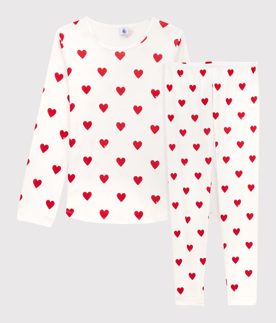 Girls' Heart Print Ribbed Pyjamas MARSHMALLOW white/TERKUIT red