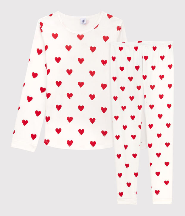 Girls' Heart Print Ribbed Pyjamas white/red