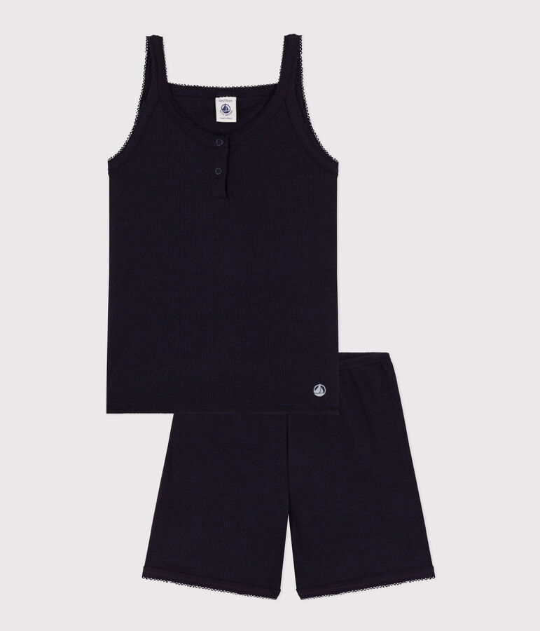 Girls' Plain Cotton and Tencel Short Pyjamas with Straps blue