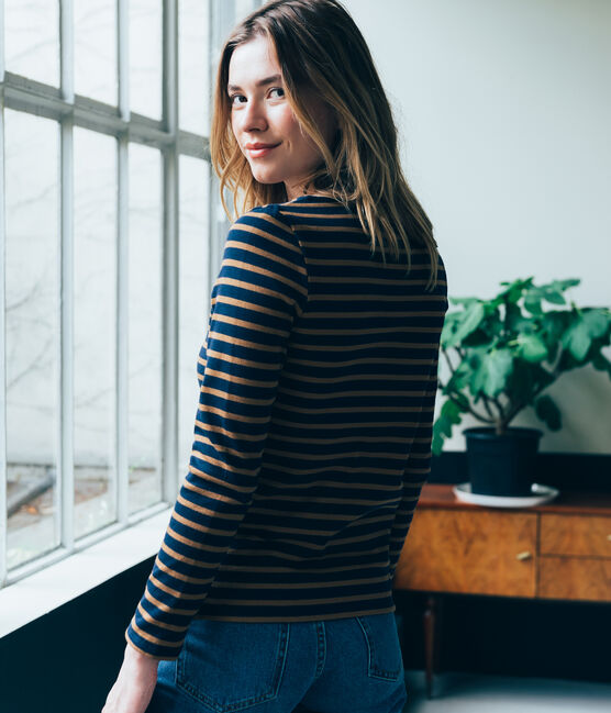 iconic women's breton top SMOKING blue/BRINDILLE BRILLANT brown