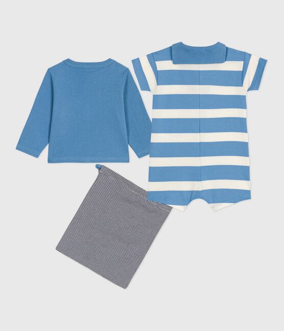 Babies' two-piece set in cotton, with a plain cardigan and a short playsuit ALASKA blue/MULTICO white