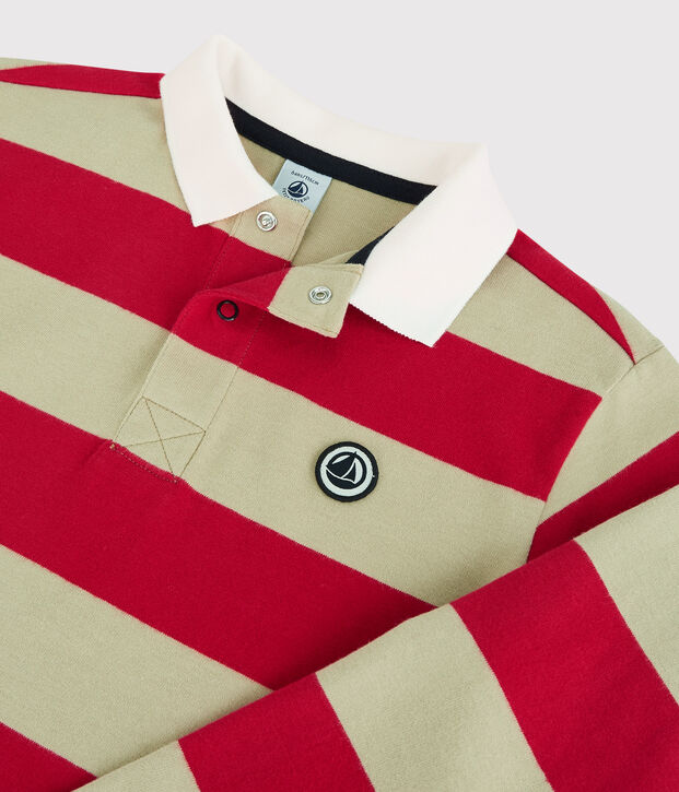 Boys' Striped Long-Sleeved Cotton Polo Shirt red/beige