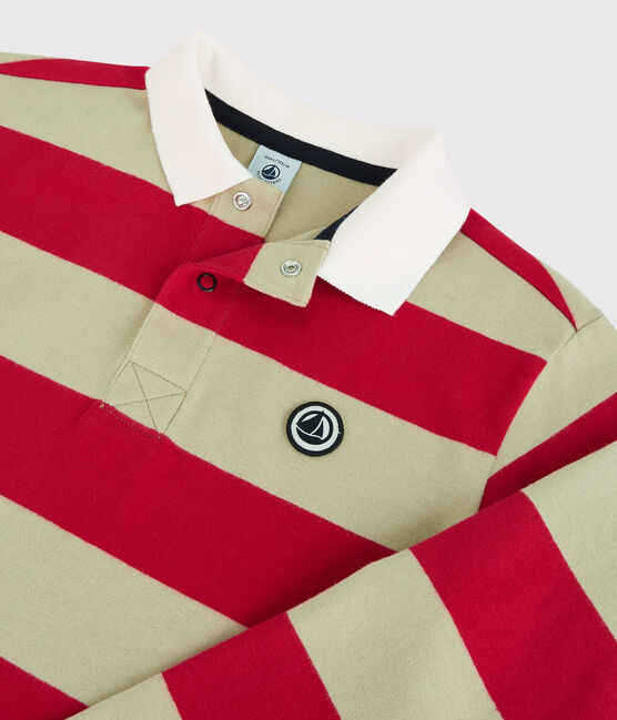 Boys' Striped Long-Sleeved Cotton Polo Shirt TERKUIT red/JERRYCAN