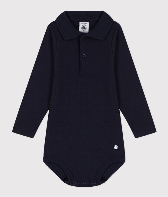 Babies' Long-Sleeved Cotton Bodysuit With Polo Shirt Collar SMOKING blue
