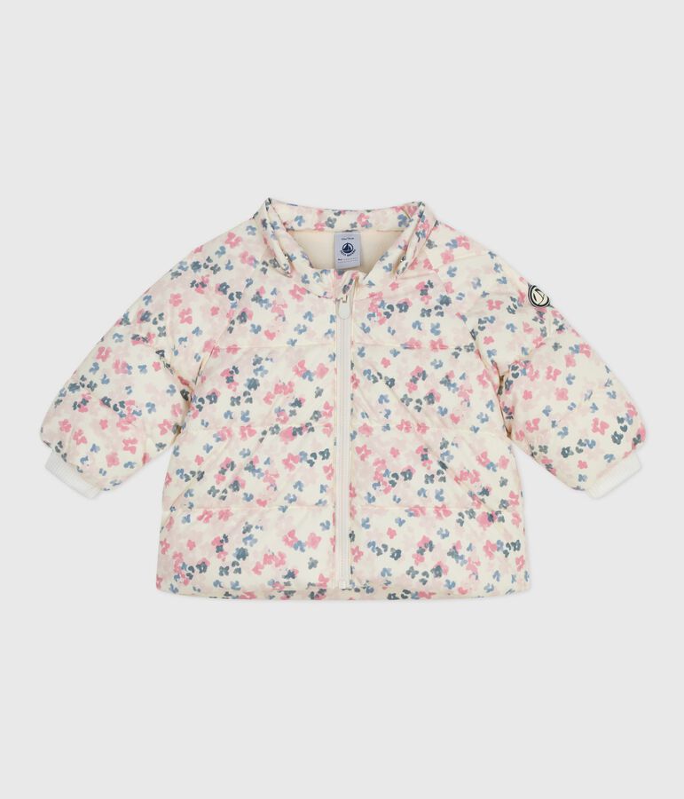 Baby down jacket with floral print and removable hood Ecru/multicolor