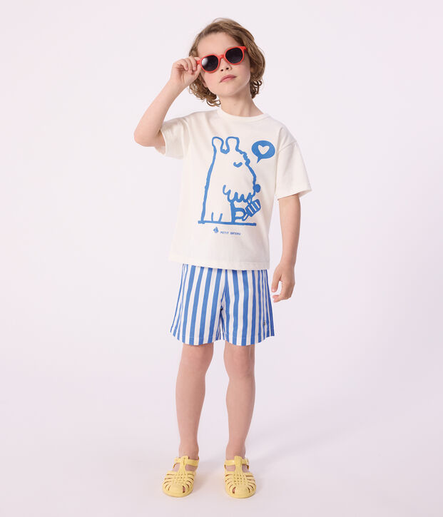 Children's stripy cotton swim shorts blue/white