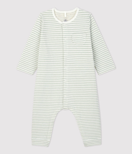 Babies' Striped Organic Tube Knit Long Playsuit MARSHMALLOW white/HERBIER