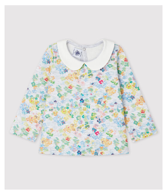 Baby Girls' Long-Sleeved Jersey Blouse with Collar POUSSIERE grey/MULTICO white