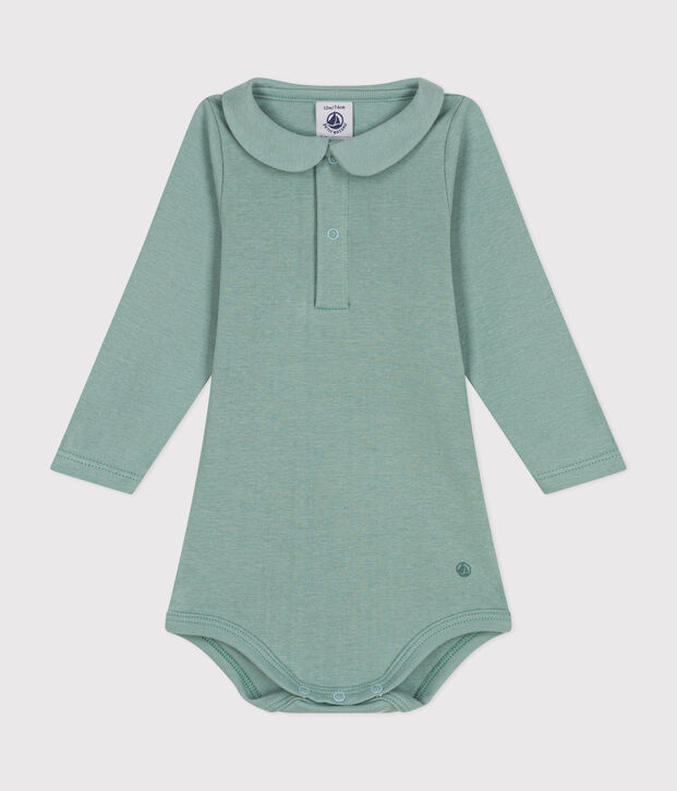 Babies' long-sleeved cotton bodysuit with a collar green