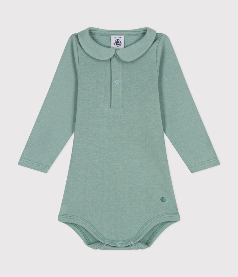 Babies' long-sleeved cotton bodysuit with a collar green