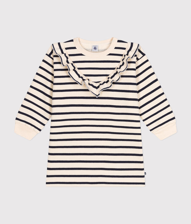 Girls' long-sleeved brushed fleece dress Ecru/blue