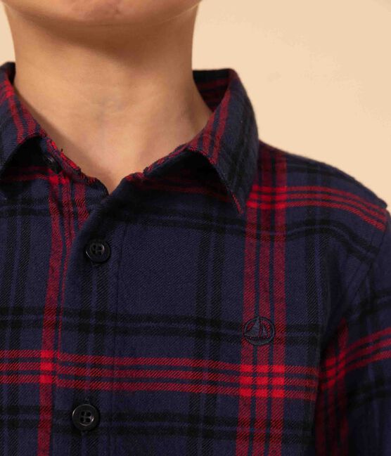 Boys' checked cotton flannel shirt SMOKING blue/MULTICO white