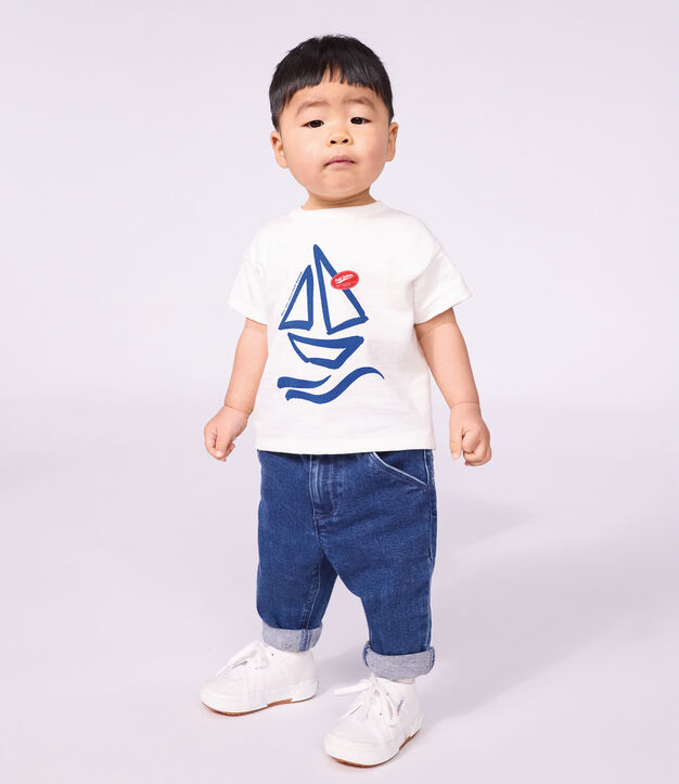 Babies' plain short-sleeved patterned cotton T-shirt white