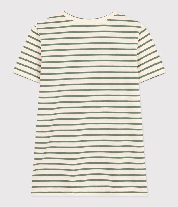 Women's Straight Round-Neck Cotton T-Shirt Ecru/green