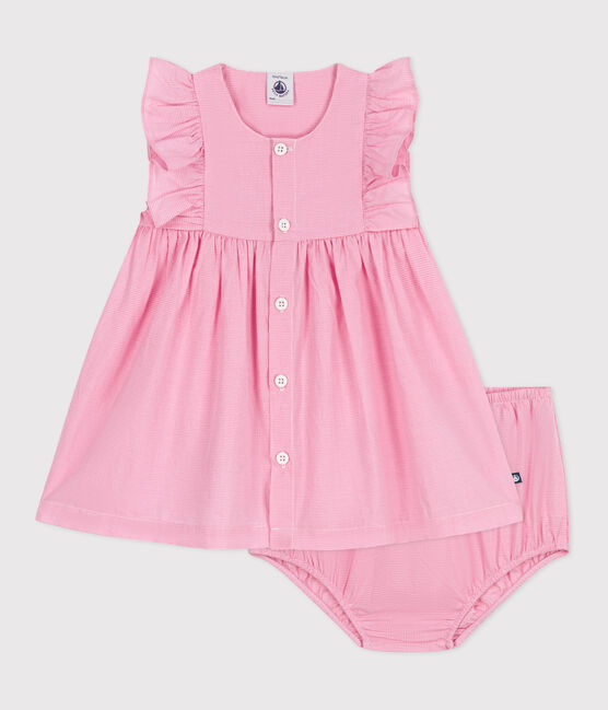 Babies' short-sleeved lightweight cotton gingham print dress and bloomers ECUME white/PETAL