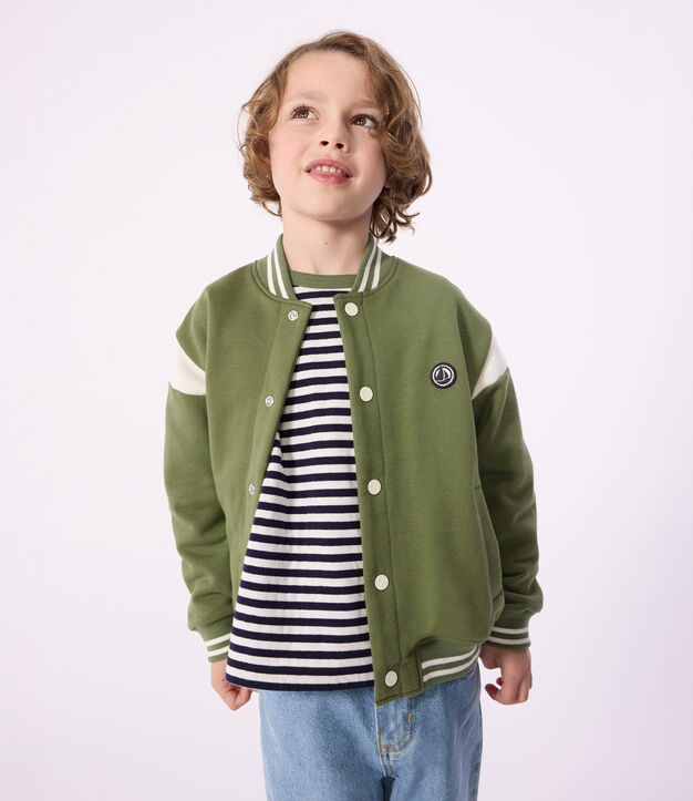 Children's varsity-style cotton jacket green/ecru