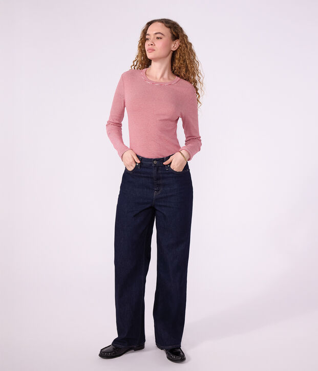 Women's long-sleeved stripy cotton T-shirt red/white