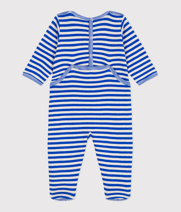 Babies' stripy tube knit pyjamas with a back opening blue/ecru