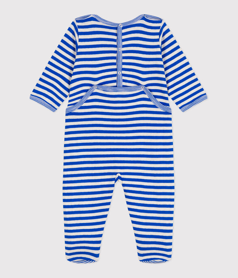 Babies' stripy tube knit pyjamas with a back opening blue/ecru