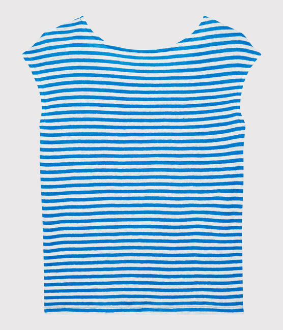 Women's Stripy Linen T-Shirt MYKONOS blue/MARSHMALLOW white