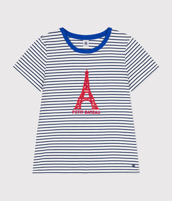 Women's The Straight round-neck cotton T-Shirt MARSHMALLOW white/MEDIEVAL blue