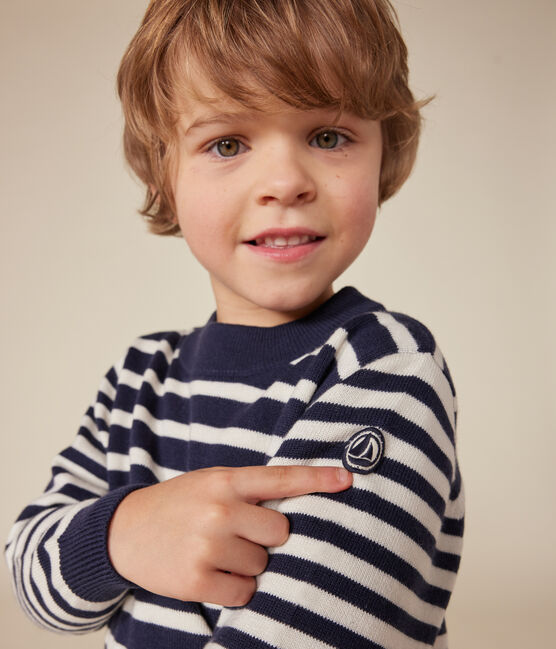 Children's Striped Wool and Cotton Pullover SMOKING blue/MARSHMALLOW white