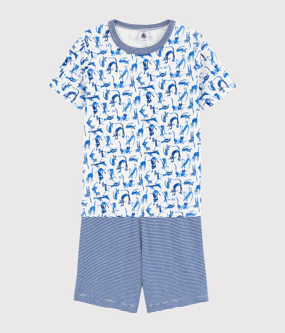 Boys' Cat Print Cotton Short Pyjamas MARSHMALLOW white/MULTICO white