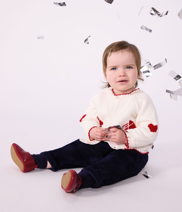 Babies' jaquard-patterned cardigan knitted in wool and cotton white/red