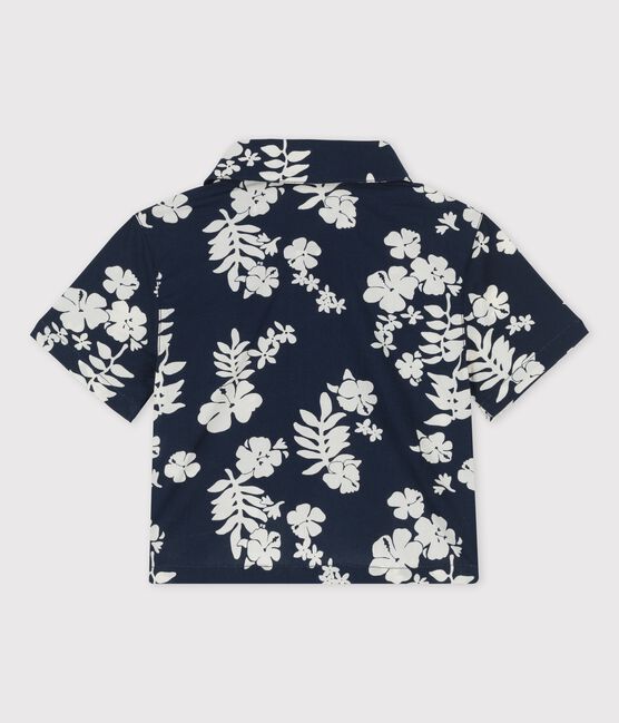 Babies' Short-Sleeved Poplin Hawaii Print Shirt MEDIEVAL blue/MARSHMALLOW white