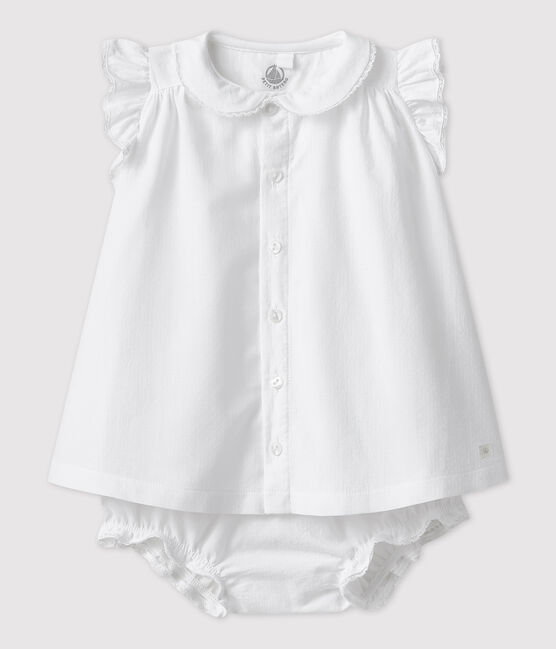 Baby Girls' Short-Sleeved Organic Cotton Poplin Dress with Bloomers ECUME white