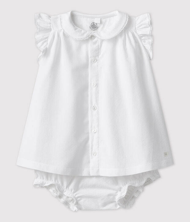 Baby Girls' Short-Sleeved Organic Cotton Poplin Dress with Bloomers white