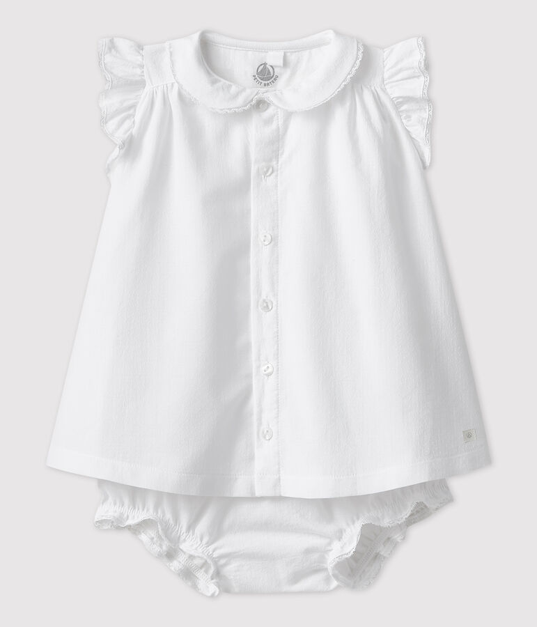 Baby Girls' Short-Sleeved Organic Cotton Poplin Dress with Bloomers white