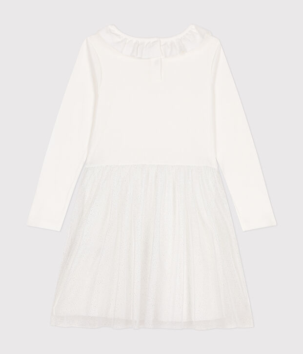 Girls' dress in rib-knit and tulle white