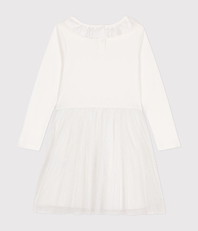 Girls' dress in rib-knit and tulle white