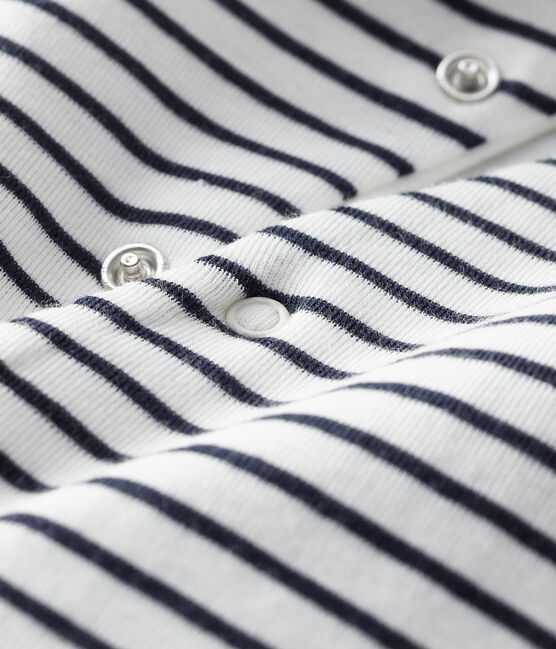Babies' Long Organic Cotton Stripy Hooded Jumpsuit MARSHMALLOW white/SMOKING blue