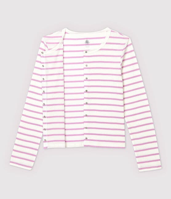Women's Striped Linen and Cotton Blend Cardigan MARSHMALLOW white/BOHEME pink