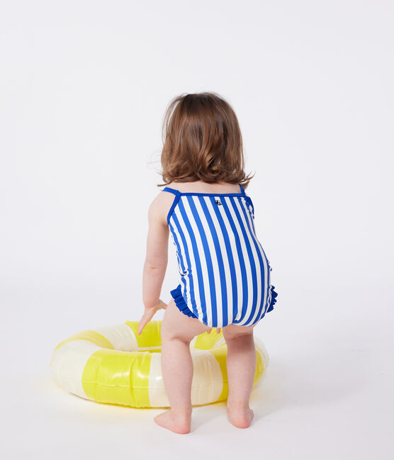 Babies' one-piece swimsuit with frills and a stripy print. SURF blue/MARSHMALLOW white