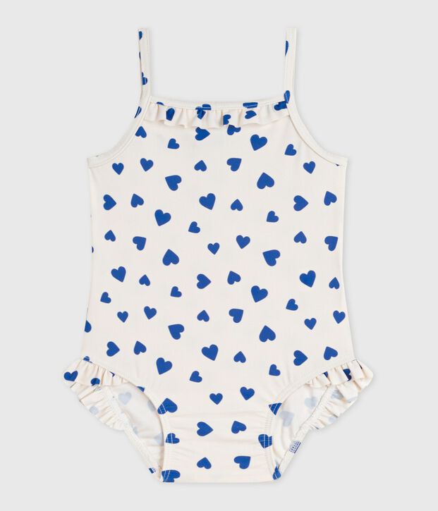 Babies' one-piece heart print ruffled swimsuit. white/blue