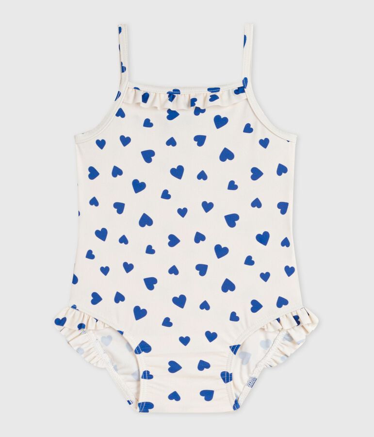 Babies' one-piece heart print ruffled swimsuit. white/blue