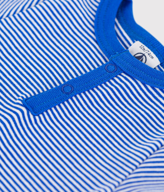 Babies' Short-Sleeved Pinstriped Cotton Bodysuit PERSE blue/MARSHMALLOW white